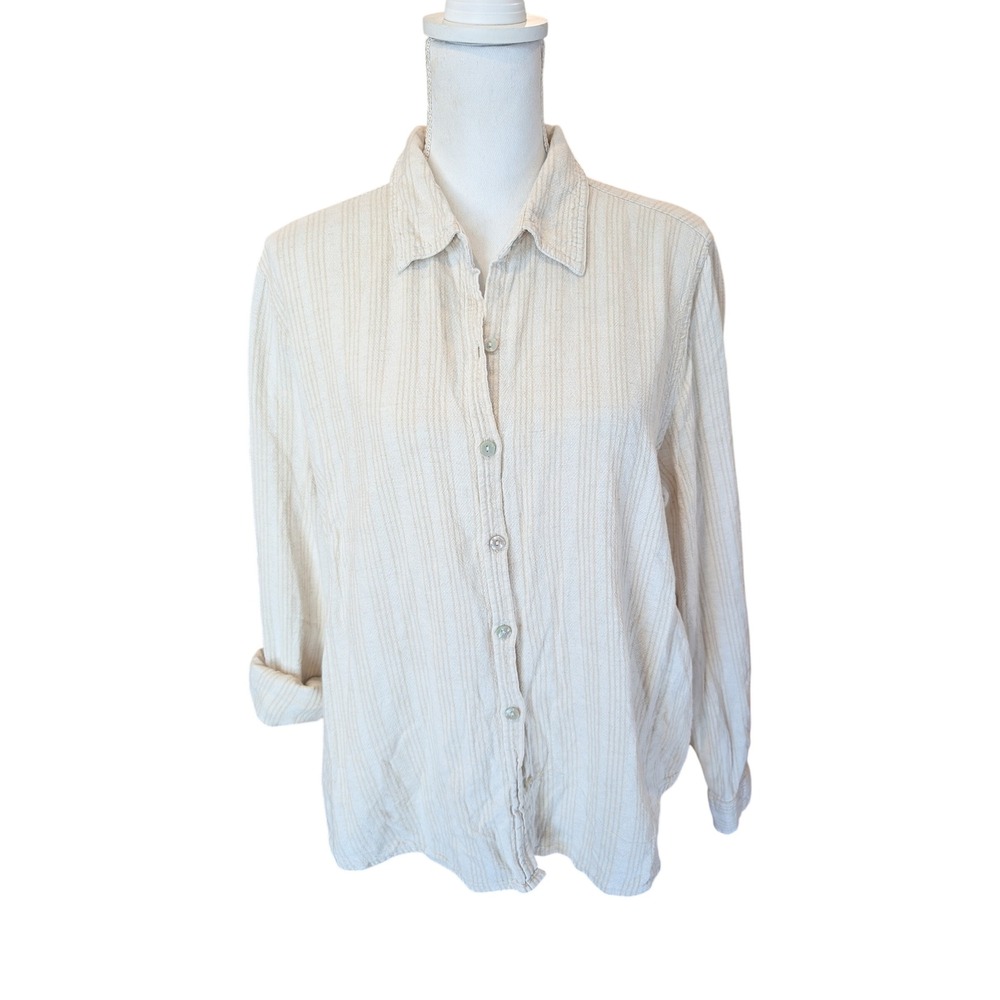 Orvis Womens Roll Tab Sleeve Button Down Shirt Beige Striped Linen Blend Sz L